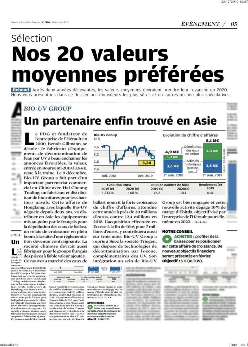 Article du magasine Investir sur BIO-UV Group