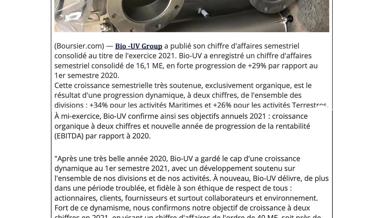 le boursier : un CA semestriel de BIO-UV a 16M€
